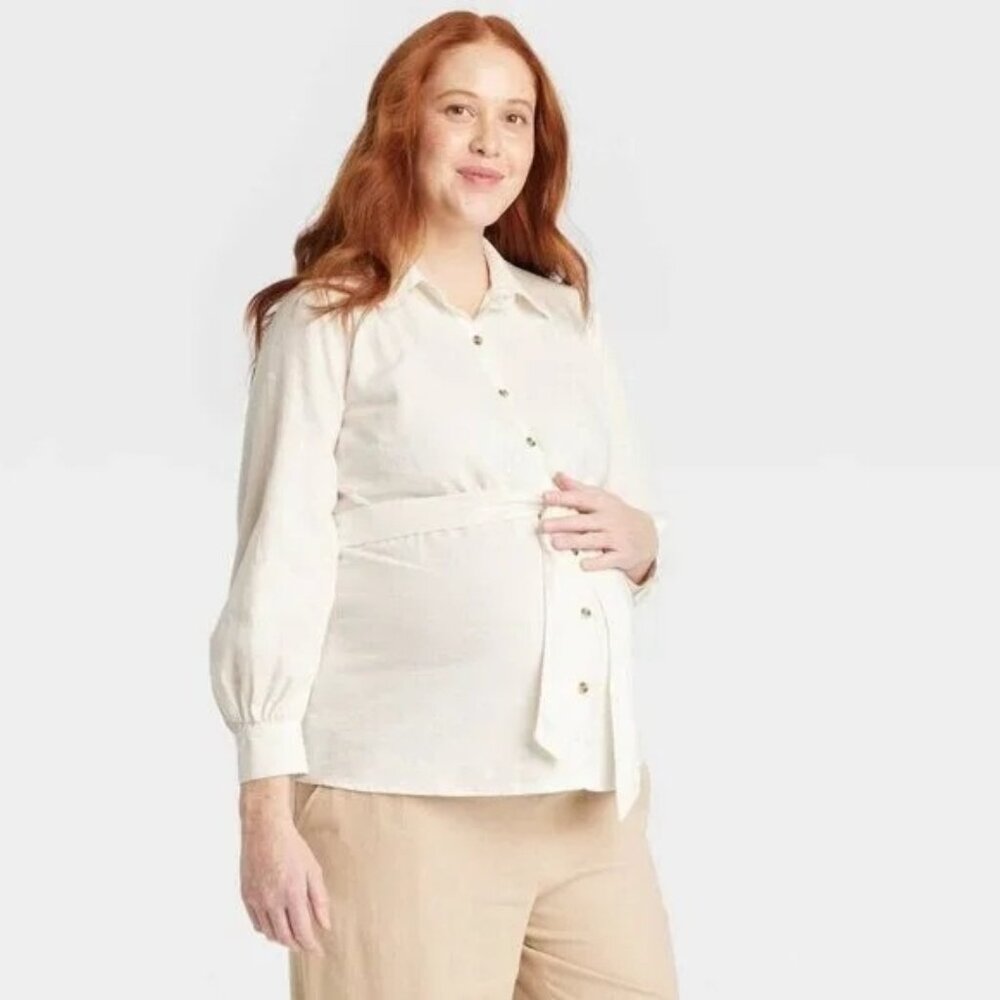 NEW Isabel Maternity Long Sleeve Linen Button-Up Maternity Shirt - Size L